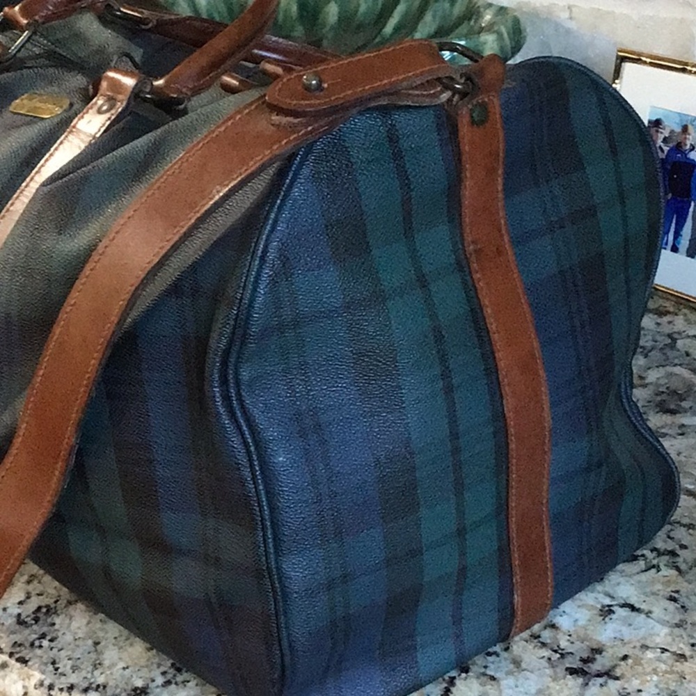 Vintage Polo Ralph Lauren Black Plaid Watch Boston Travel Duffle Bag Polo Green - Picture 3 of 13